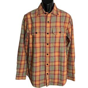 Eddie Bauer Button Up Flannel Shirt M Orange Plaid Cotton Pockets Long Sleeves